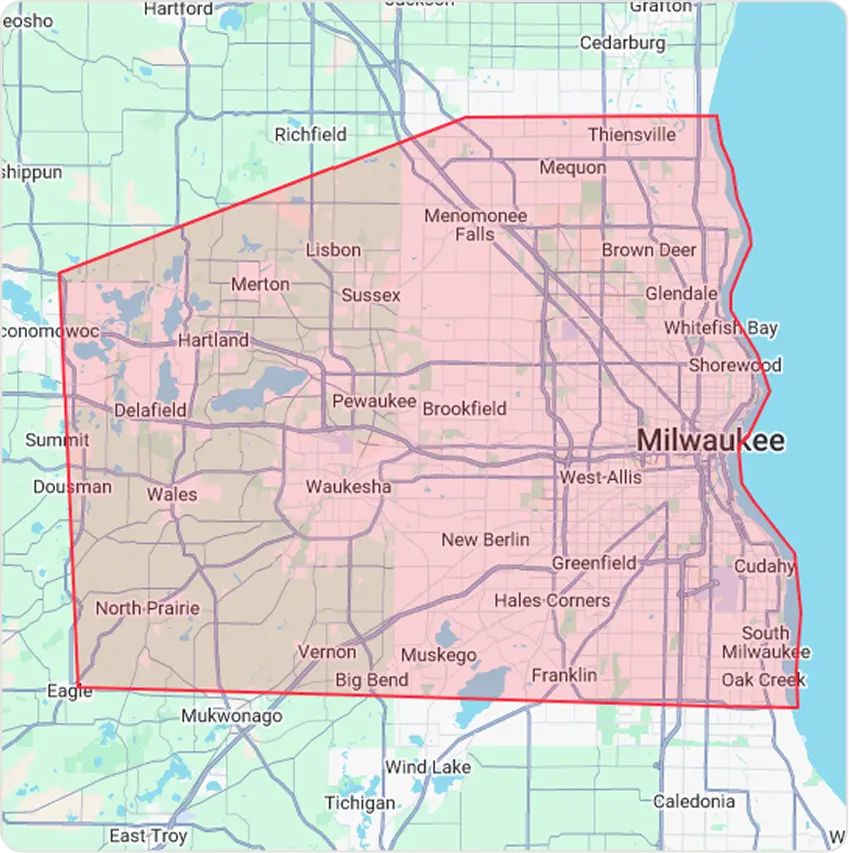 Service area map for Rozga Plumbing Corp covering Milwaukee, Waukesha, Brookfield, Mequon, Wauwatosa, West Allis, Franklin, New Berlin, and other southeastern Wisconsin communities