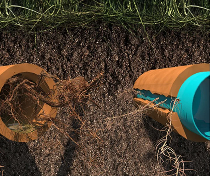 comparing a tree root-damaged sewer pipe to a newly relined pipe using trenchless technology